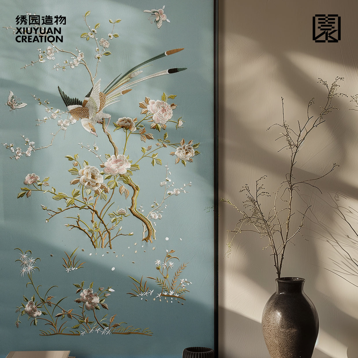 绣园造物|新中式中古风晚清风格花鸟锦上添花粤绣刺绣装饰画挂画
