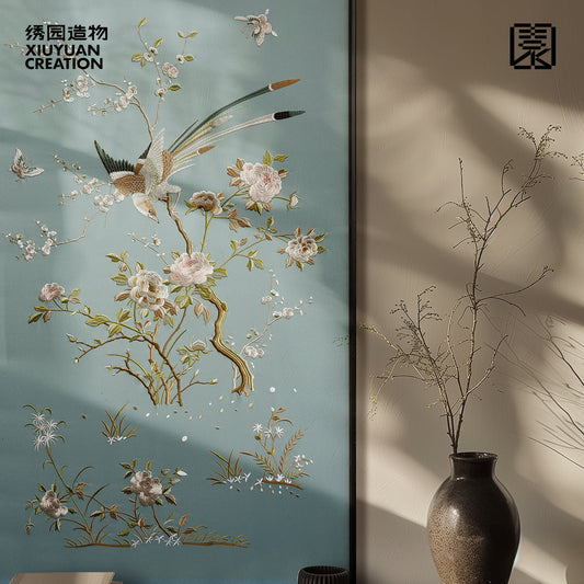 绣园造物｜新中式中古风晚清风格花鸟锦上添花粤绣刺绣装饰画挂画
