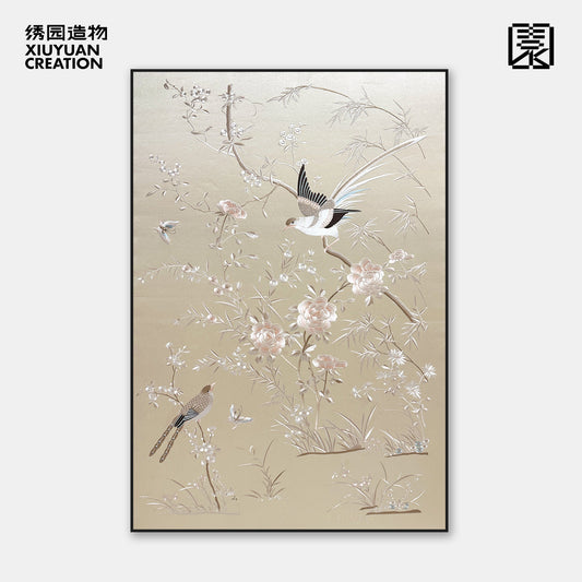 绣园造物｜中古风新中式粤绣刺绣竹子花鸟装饰画挂画
