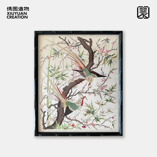 绣园造物｜中古风仿晚清粤绣风格刺绣装饰画挂画