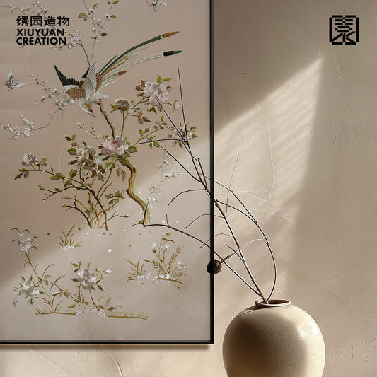 绣园造物｜新中式中古风晚清风格花鸟锦上添花粤绣刺绣装饰画挂画
