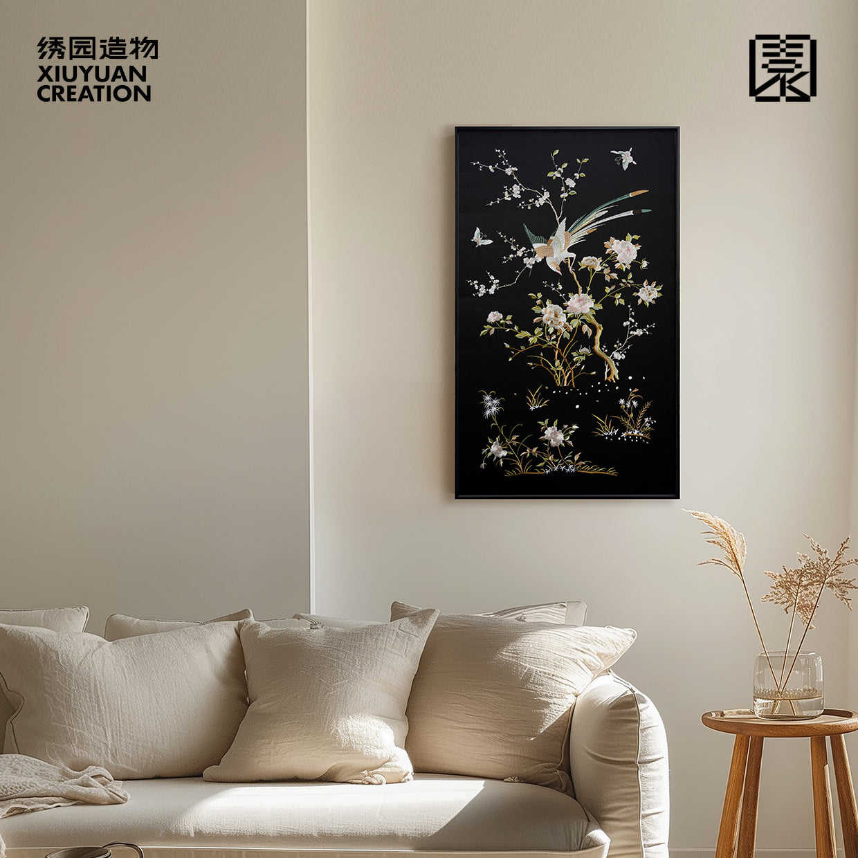 绣园造物｜新中式中古风晚清风格花鸟锦上添花粤绣刺绣装饰画挂画